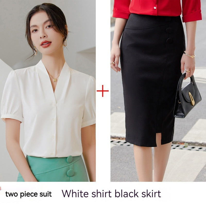 Set donna con camicia chiffon e gonna lunga Valstrend, abbigliamento elegante con top leggero e gonna fluida.