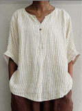 Camicia leggera a righe con scollo a V, maniche corte in cotone e lino, marca Valstrend, vestibilità ampia e casuale.