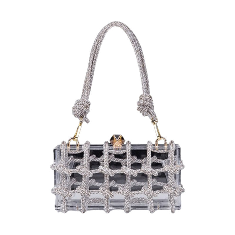 Borsa da cena in acrilico e corda di trapano intrecciata a mano, design elegante e trasparente con dettagli in stile artigianale.