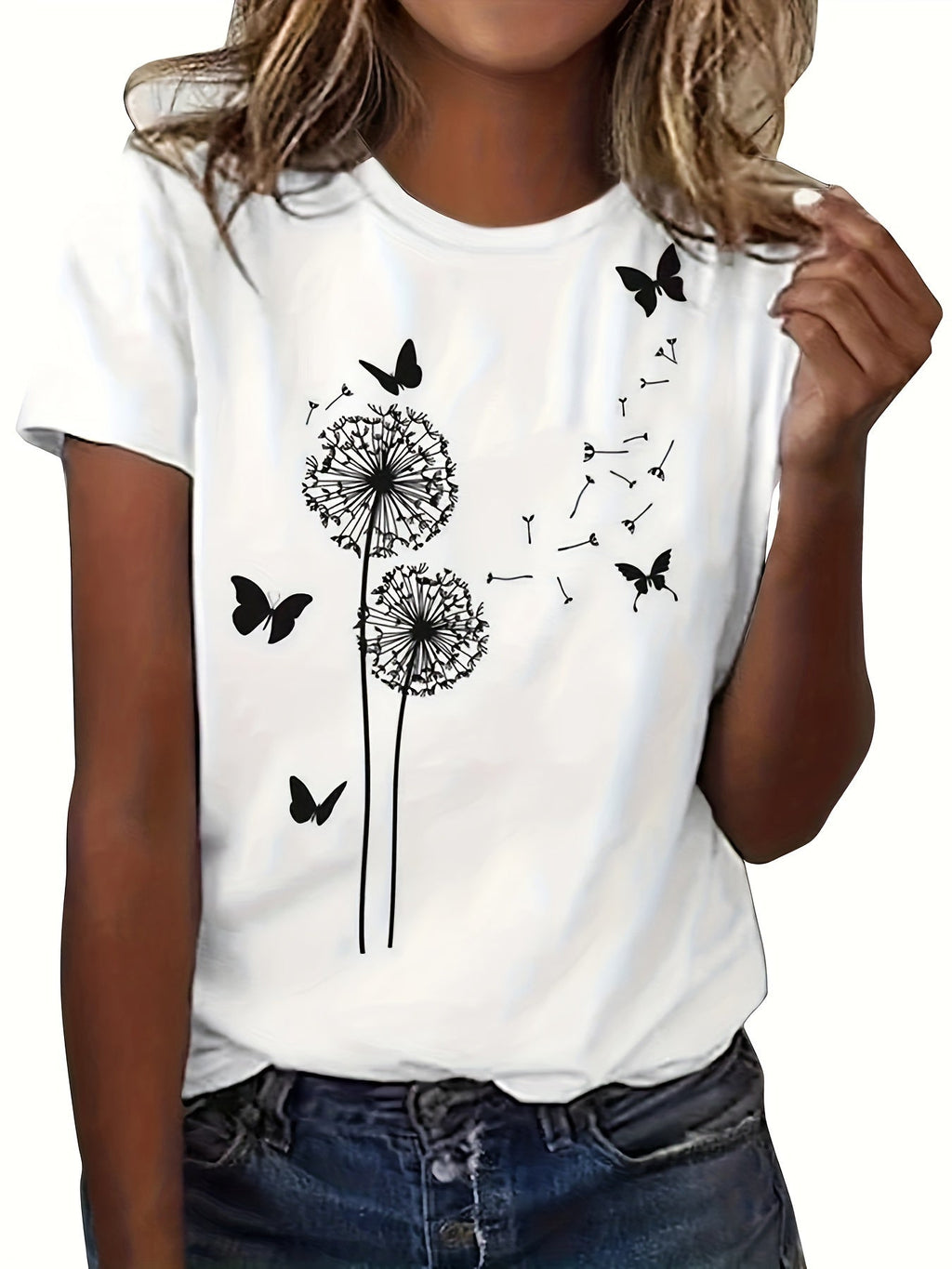 T-shirt donna con stampa di dente di leone, manica corta, collo rotondo, vestibilità casual per primavera ed estate.