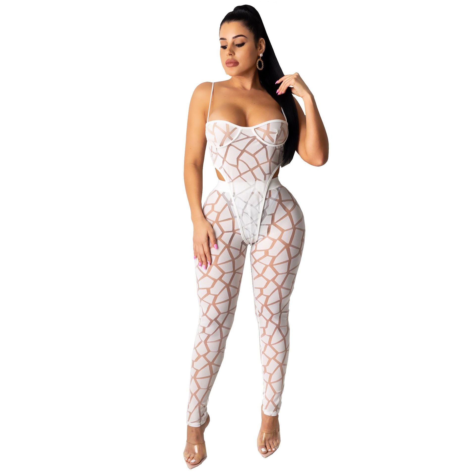Set donna in mesh europeo e americano, due pezzi, stile Valstrend, visibile con top e pantaloni coordinati, moda femminile.