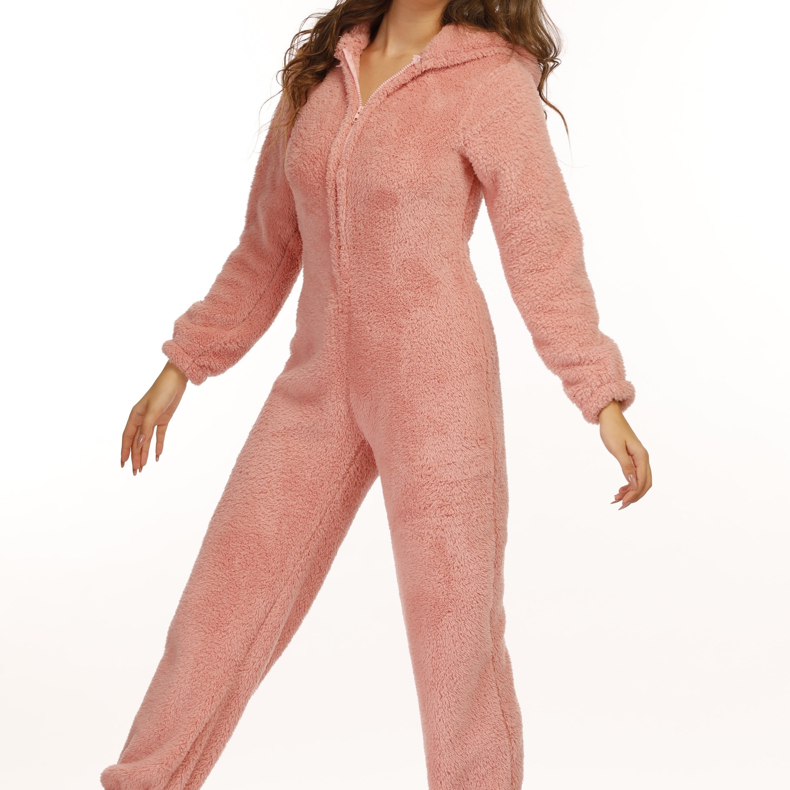 Tuta donna con cappuccio zip up, tessuto teddy caldo, maniche lunghe e stile casual, marca Valstrend shop.