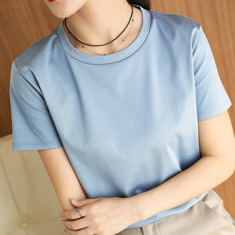 Maglietta smanicata in cotone mercerizzato per donna, vestibilità slim e casual, colore chiaro, vista frontale.