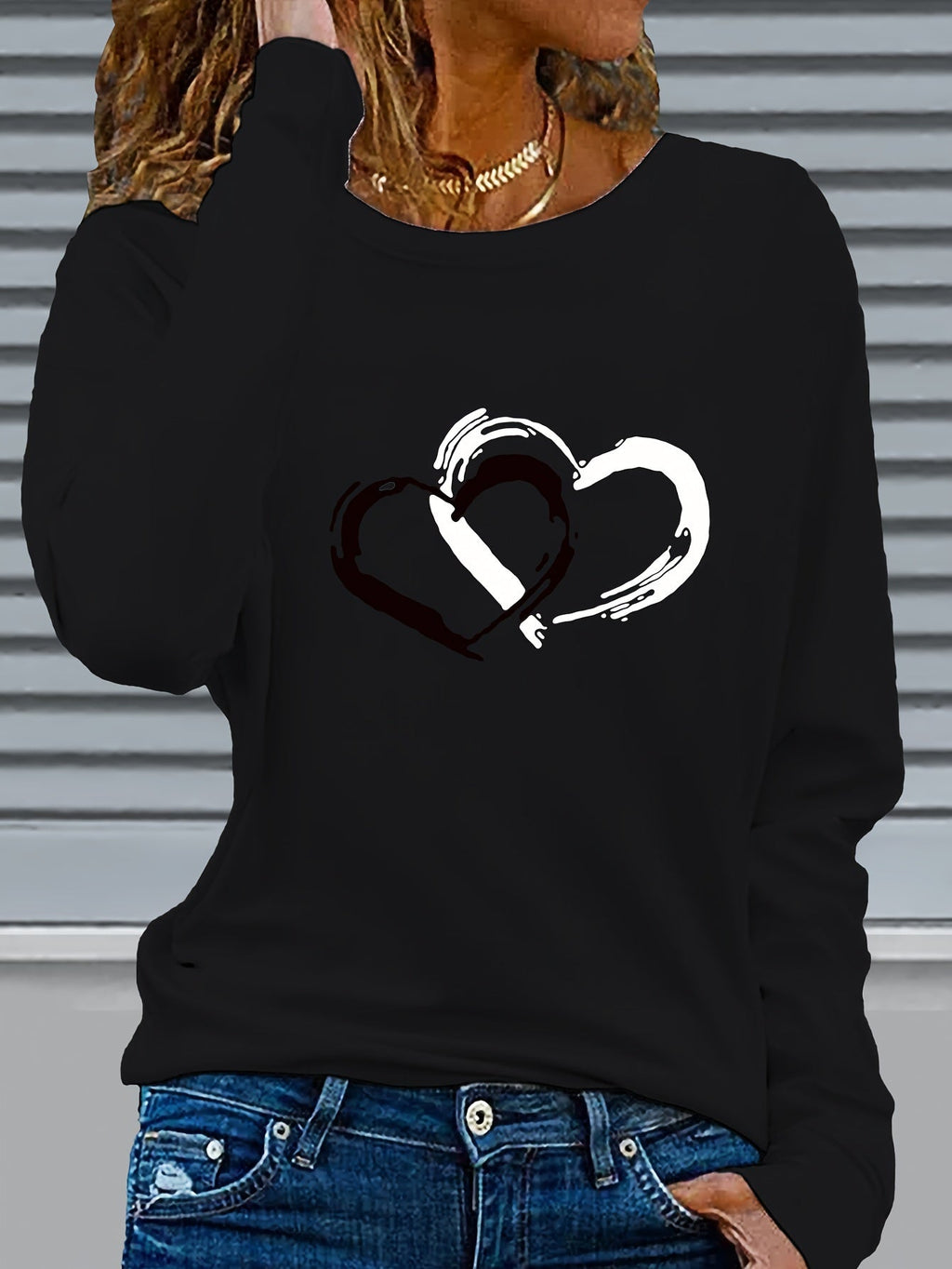 Maglietta a maniche lunghe da donna Valstrend, tessuto elasticizzato, stampa a cuore, collo rotondo, stile casual autunno/inverno