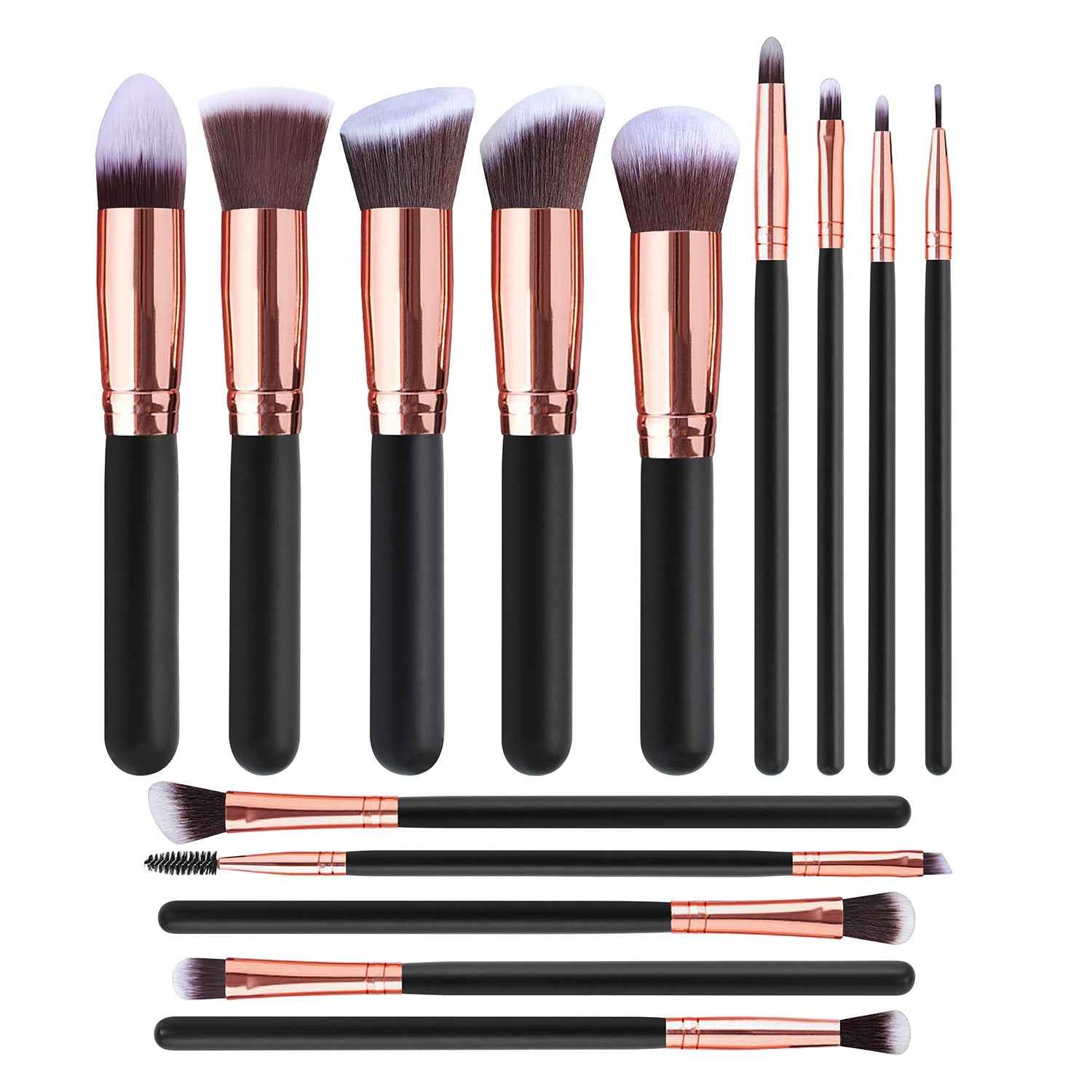 Set di 14 pennelli per il trucco neri Valstrend, con manici eleganti e setole morbide per makeup professionale e quotidiano.