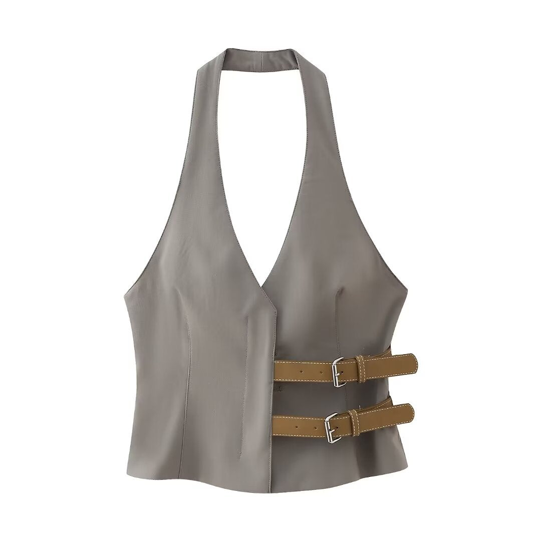 Gilet donna Valstrend, top alla moda con colletto appeso, tessuto leggero e stile elegante, perfetto per look casual e sofisticati.
