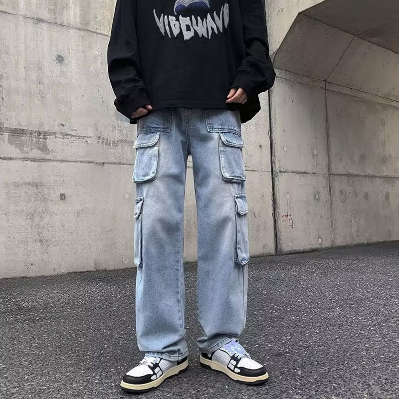 Jeans cargo da uomo Valstrend, pantaloni larghi e dritti con effetto distressed e stile casual.