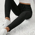 Ribbed Fake Drawstring Solid Color High Waist Leggings, Casual Skinny Stretchy Leggings For Every Day, Women's Clothing
