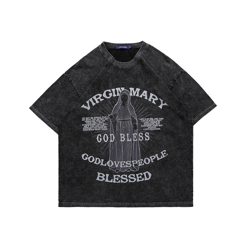 Maglietta da uomo Valstrend in stile retrò, lavata, larga e a maniche corte, abbigliamento casual e alla moda.