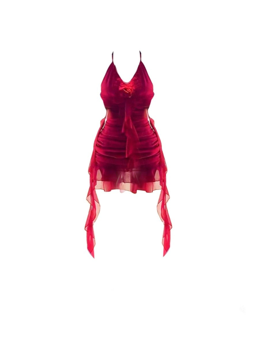 Red Halter Suspender Skirt Backless Chiffon Ribbon Dress