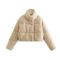 Giaccone corto in cotone donna con colletto alla coreana, stile trendy, color neutro, vista frontale.