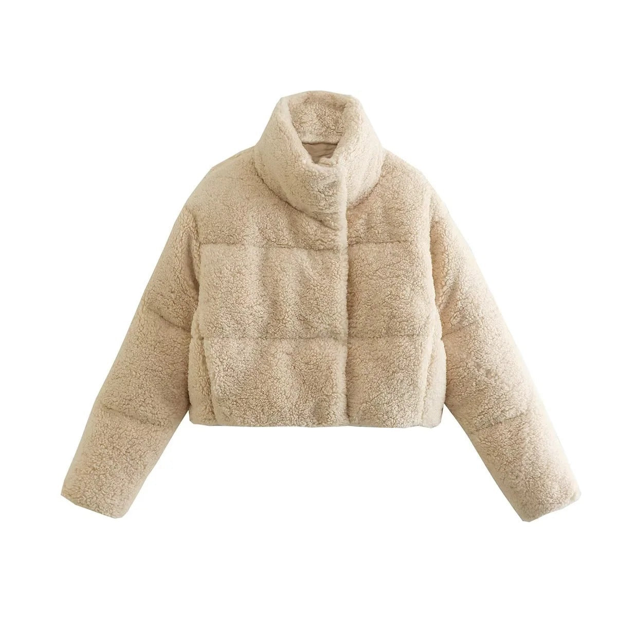 Giaccone corto in cotone donna con colletto alla coreana, stile trendy, color neutro, vista frontale.