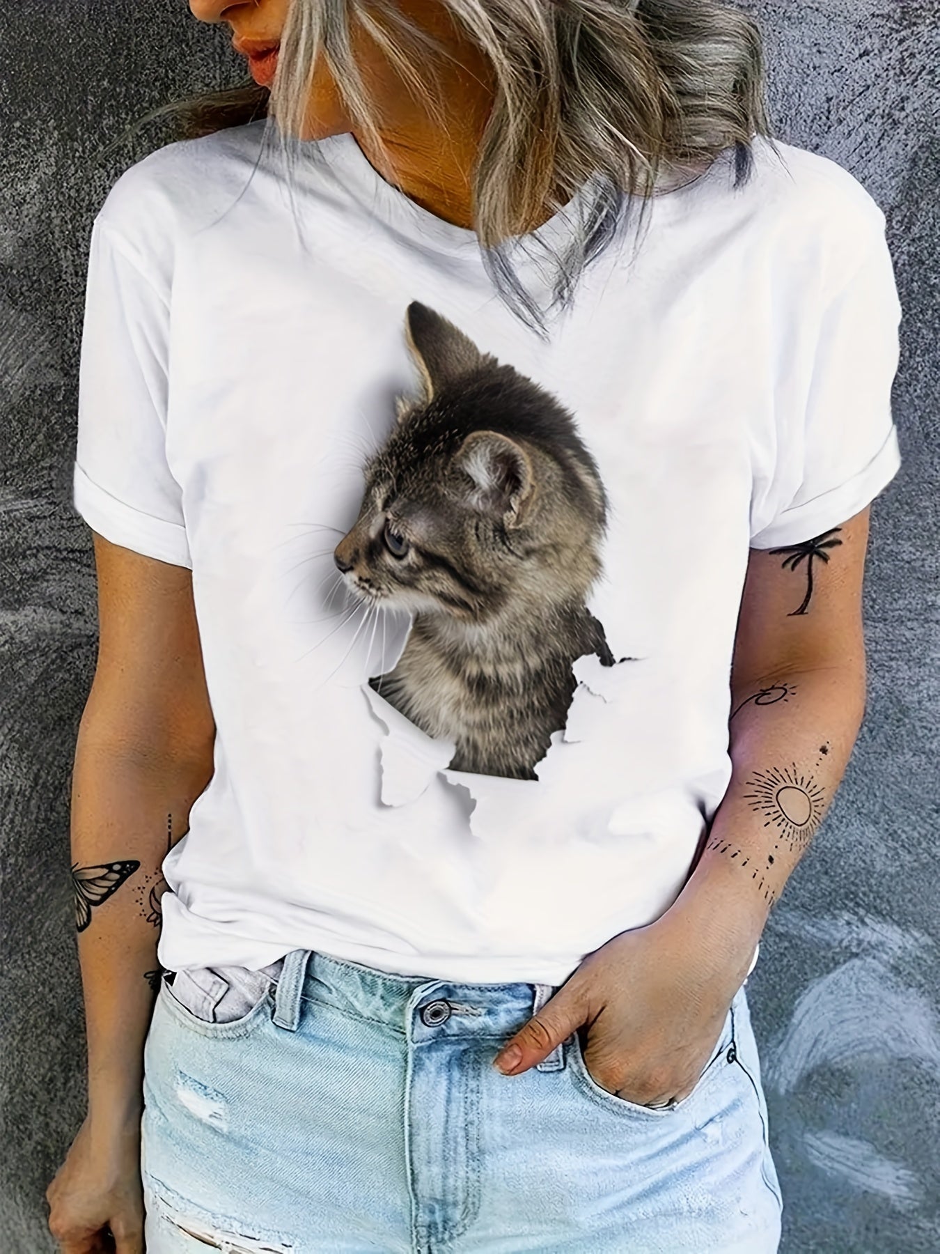 Maglietta donna con stampa di gatto carino, maniche corte e collo rotondo, abbigliamento casual quotidiano Valstrend.