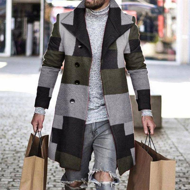 Cappotto da uomo Valstrend con stampa digitale 3D a quadri, collo a punta e chiusura frontale, tessuto caldo e stile moderno