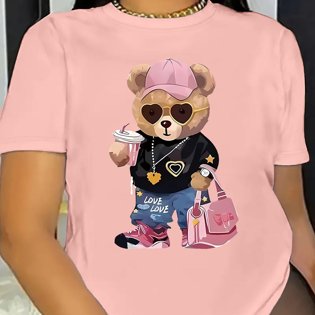 T-shirt casual da donna Valstrend con stampa cartoon orso, maniche corte, girocollo, tessuto in poliestere, adatta a tutte le stagioni