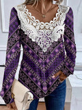 Round neck lace long sleeved elegant casual T-shirt