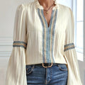 Lantern Sleeve Loose And Simple Plain Lace V-neck Patchwork Shirt