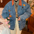 Cappotto vintage in denim con ricami di foglie d'acero, stile cowboy, lunghezza media, marca Valstrend shop.