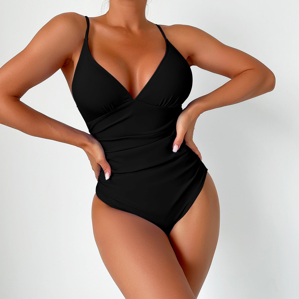 Women's Deep V Pure Color Ribbon Chest Pad One-piece Swimsuit