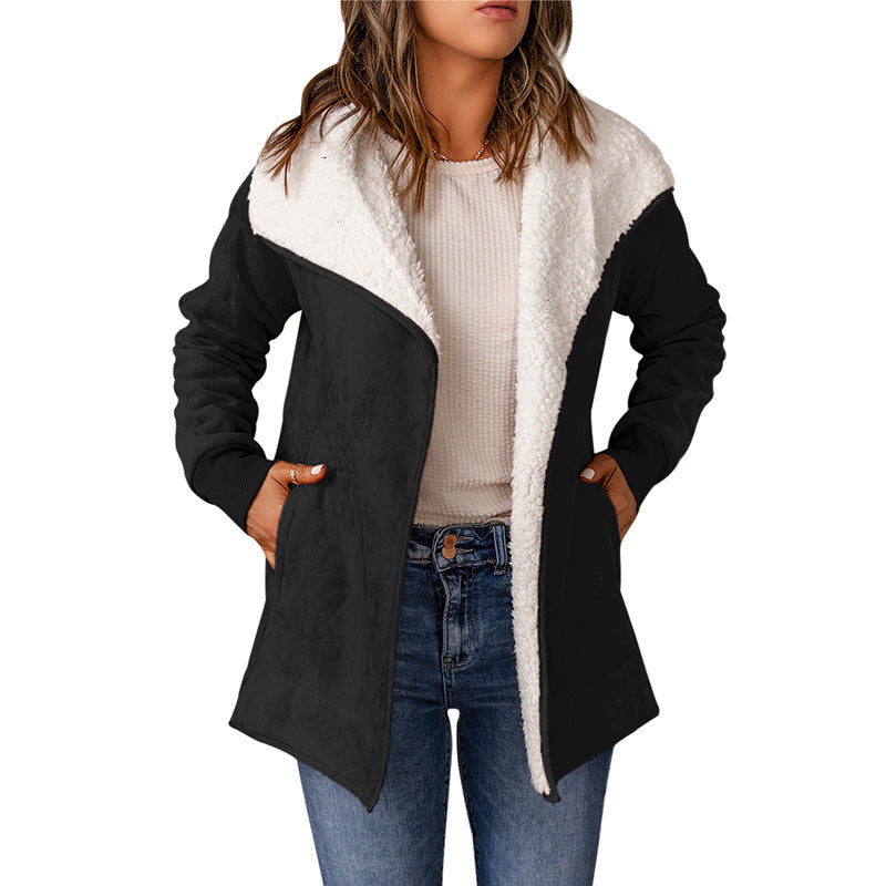 Pure Color Suede Jacket Long Loose Lapel Long Sleeves Coat For Women