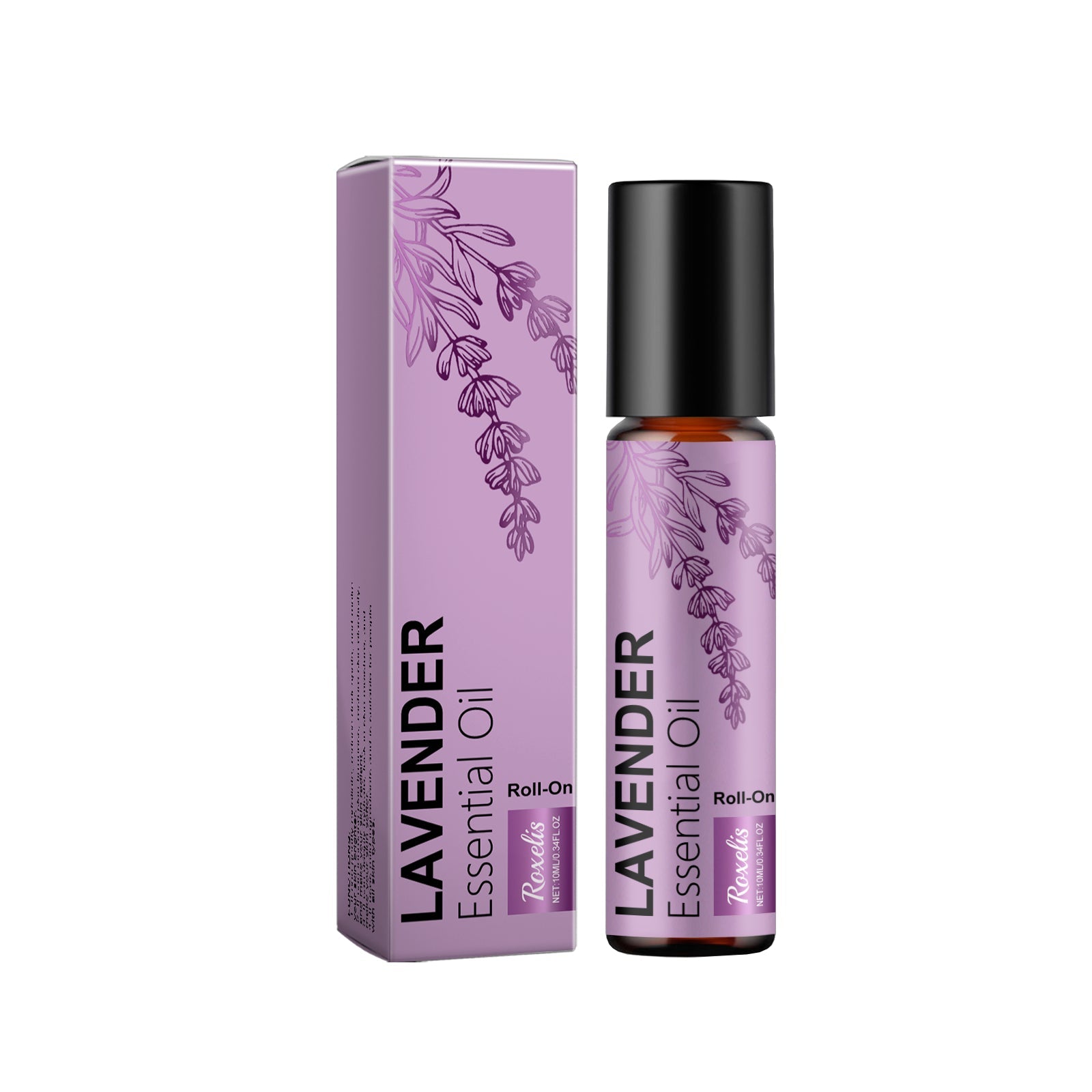Olio essenziale di lavanda Valstrend Shop in bottiglia con fiori di lavanda freschi e foglie verdi.