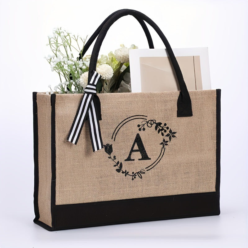 Borsa portatile in juta e lino di grande capacità con iniziale J, ideale per shopping e trasporto, marchio Valstrend.