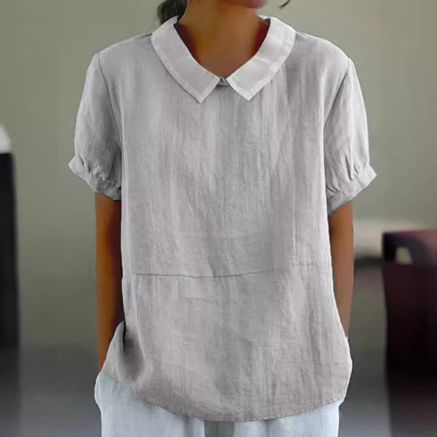 Camicia donna con scollo a revers e maniche corte, stile casual, marca Valstrend, in tessuto leggero e morbido.