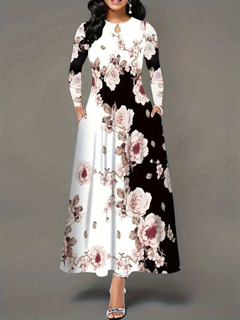 Vestito lungo con collo rotondo, maniche lunghe, stampa, tasca, vita regolabile e orlo ampio, di marca Valstrend shop.