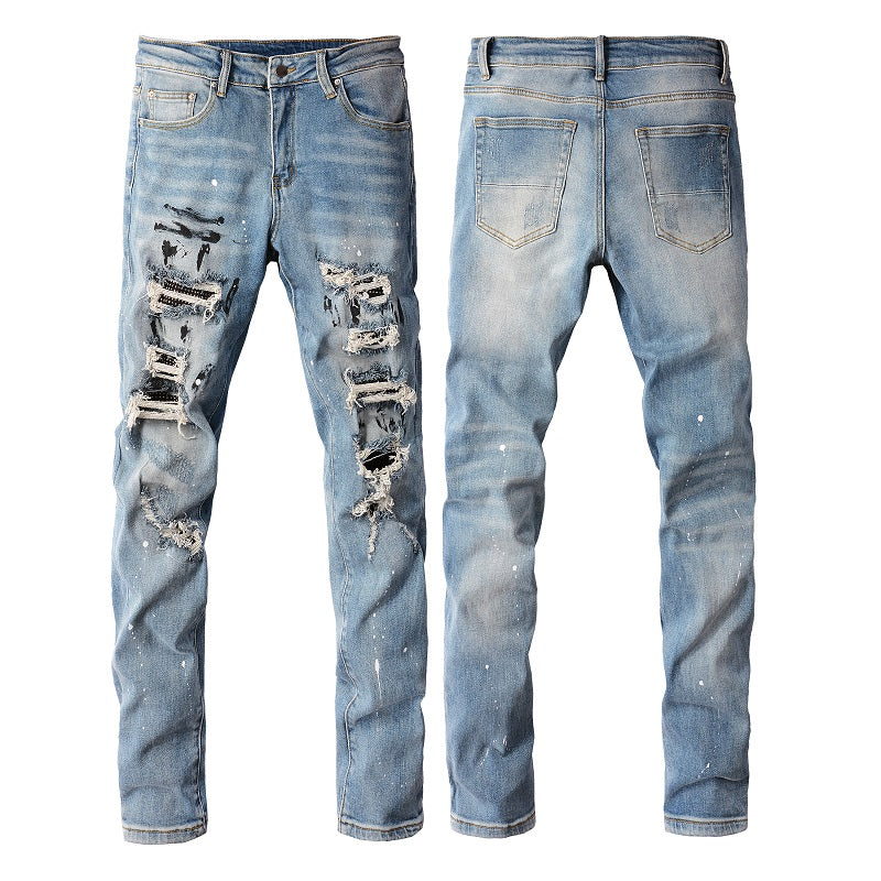 Jeans perforati Valstrend, stile trendy di strada, con effetto usurato, spruzzi di vernice e dettagli alla moda.