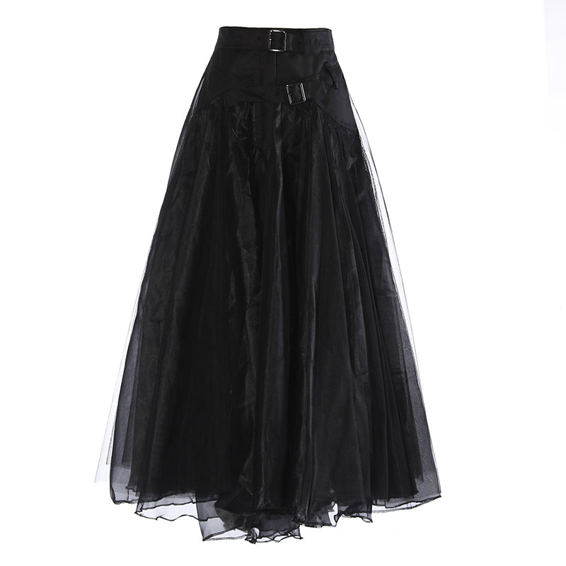 Gonna a vita alta in khaki di Valstrend, gonna versatile con dettagli irregolari e tessuto in tulle, stile elegante e moderno.