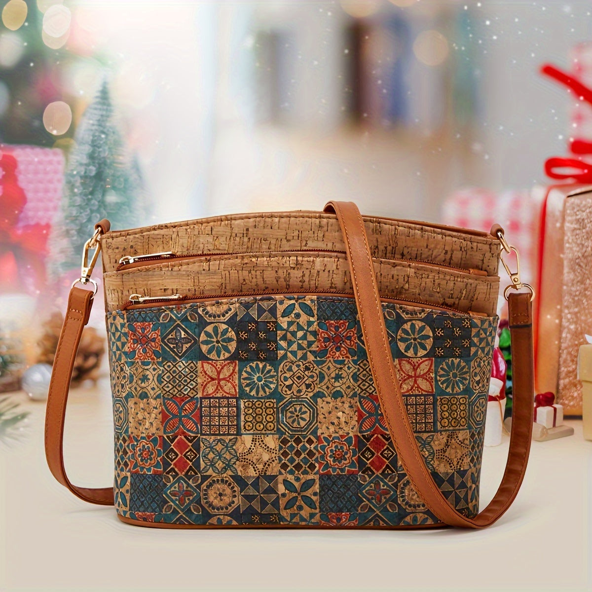 Vintage Floral Print Crossbody Bag, Tree Leather Pattern Phone Purse, Boho Shoulder Bag