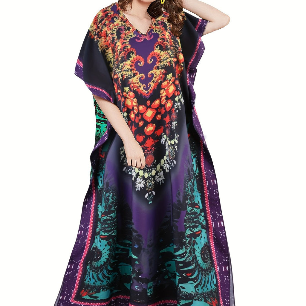 Kaftan con stampa allover a collo a V e maniche a pipistrello, vestito lungo elegante per donna, marchio Valstrend.