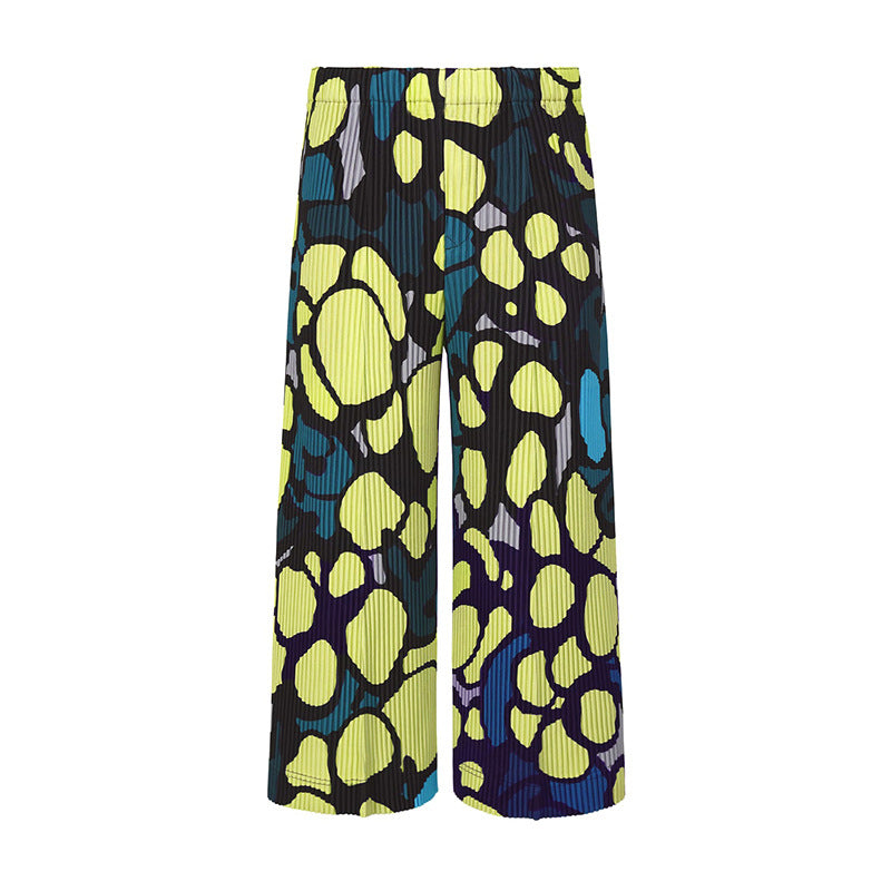 All-match Wide Leg Pants Hip Hop Pleated Cropped Printed Overalls Men