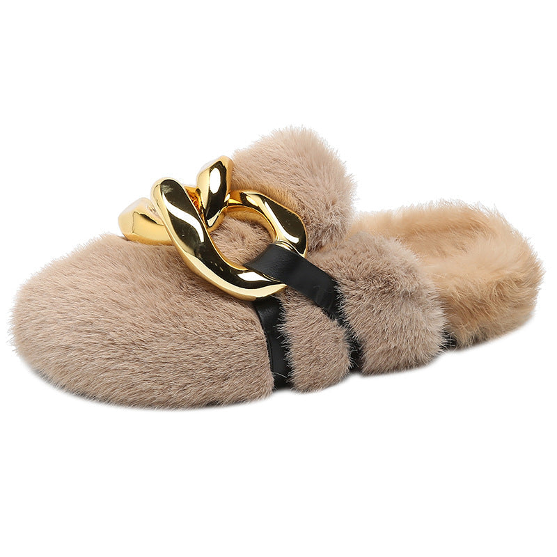 Ciabatte donna Valstrend in pelliccia di visone con suola piatta, rivestite in pile, comode e eleganti per l'inverno.