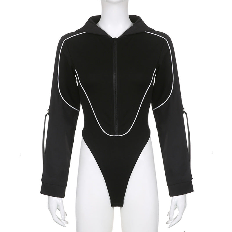 American Street Cool Locomotive Style Ribbon Zipper Hooded Long Sleeve Jumpsuit