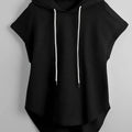 Cap Sleeve Drawstring Hoodie, Casual Solid Color Curved Hem Hoodie Sweatshirt, Women's Clothing