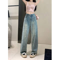 Jeans donna Valstrend shop a vita alta dritti, slim-fit, a gamba larga, con dettagli in perle.