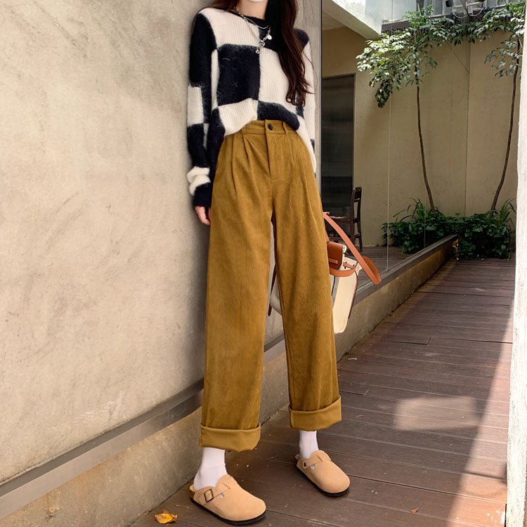 Pantaloni donna a zampa larga in velluto a costine a vita alta Valstrend, stile casual e slim fit, in tessuto morbido e confortevole