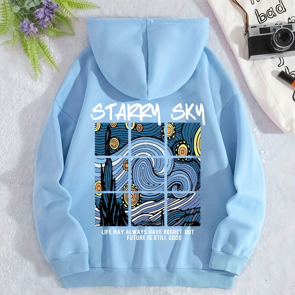 Felpa donna Valstrend con cappuccio e tasca kangaroo, stampa disegno, comoda per autunno e inverno, casual con cordoncino.