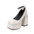 Scarpe femminili Valstrend con tacco alto e punta superficiale, scarpe chunky con suola robusta e design elegante.