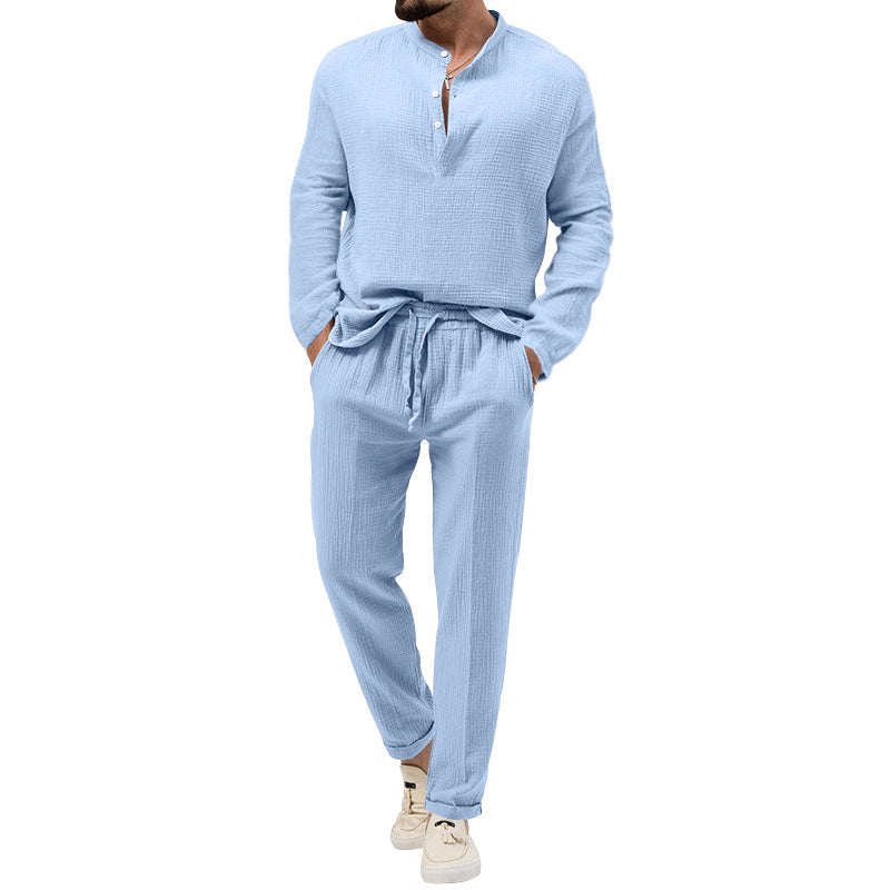 Completo da uomo casual in cotone e lino, con taschino e elastico, colore solido, marca Valstrend.
