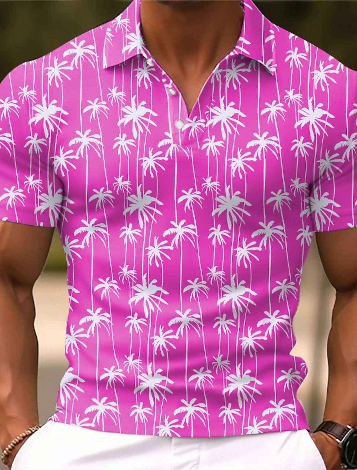 Maglietta uomo Valstrend con stampa grafica di palma di cocco, maniche corte e colletto a punta, stile casual e alla moda