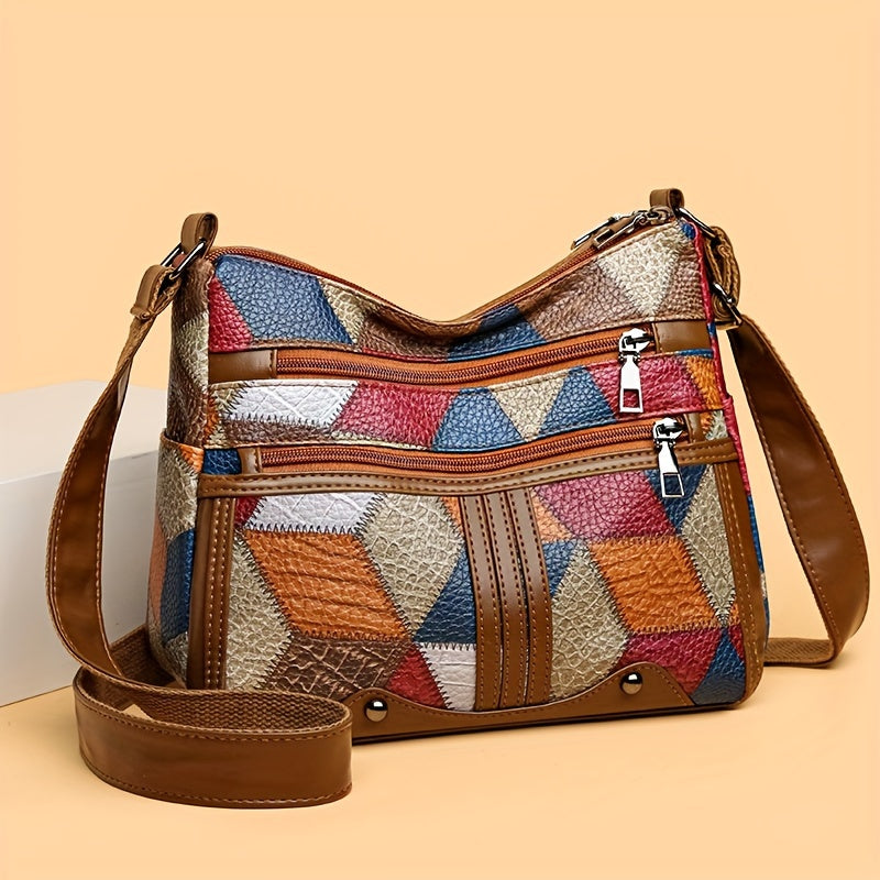 Borsa a tracolla Valstrend in ecopelle con motivo 3D, grande capacità, elegante con design a blocchi di colore, ideale per uso quotidiano.