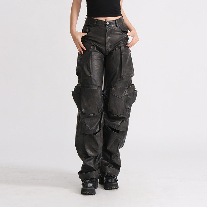Combinaison en cuir PU Valstrend avec poches, taille haute, jambes larges et couleur unie, style fashion unique et tendance.