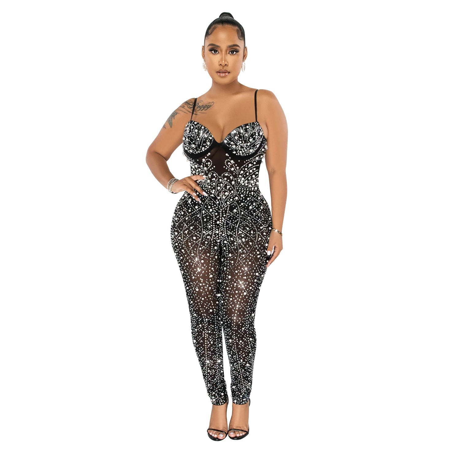 Tuta senza maniche in mesh colorata, con strass, per donna, di Valstrend, abbigliamento femminile elegante e alla moda