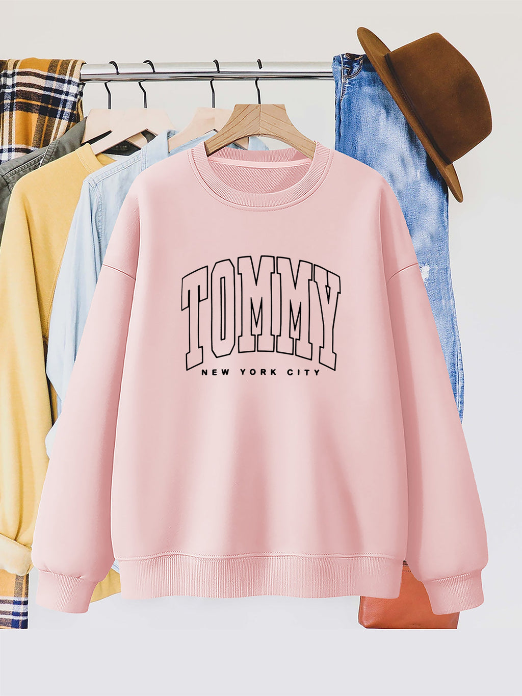 Felpa donna Tommy New York City con stampa lettere, collo rotondo, maniche lunghe in poliestere lavorato a maglia, stile casual.