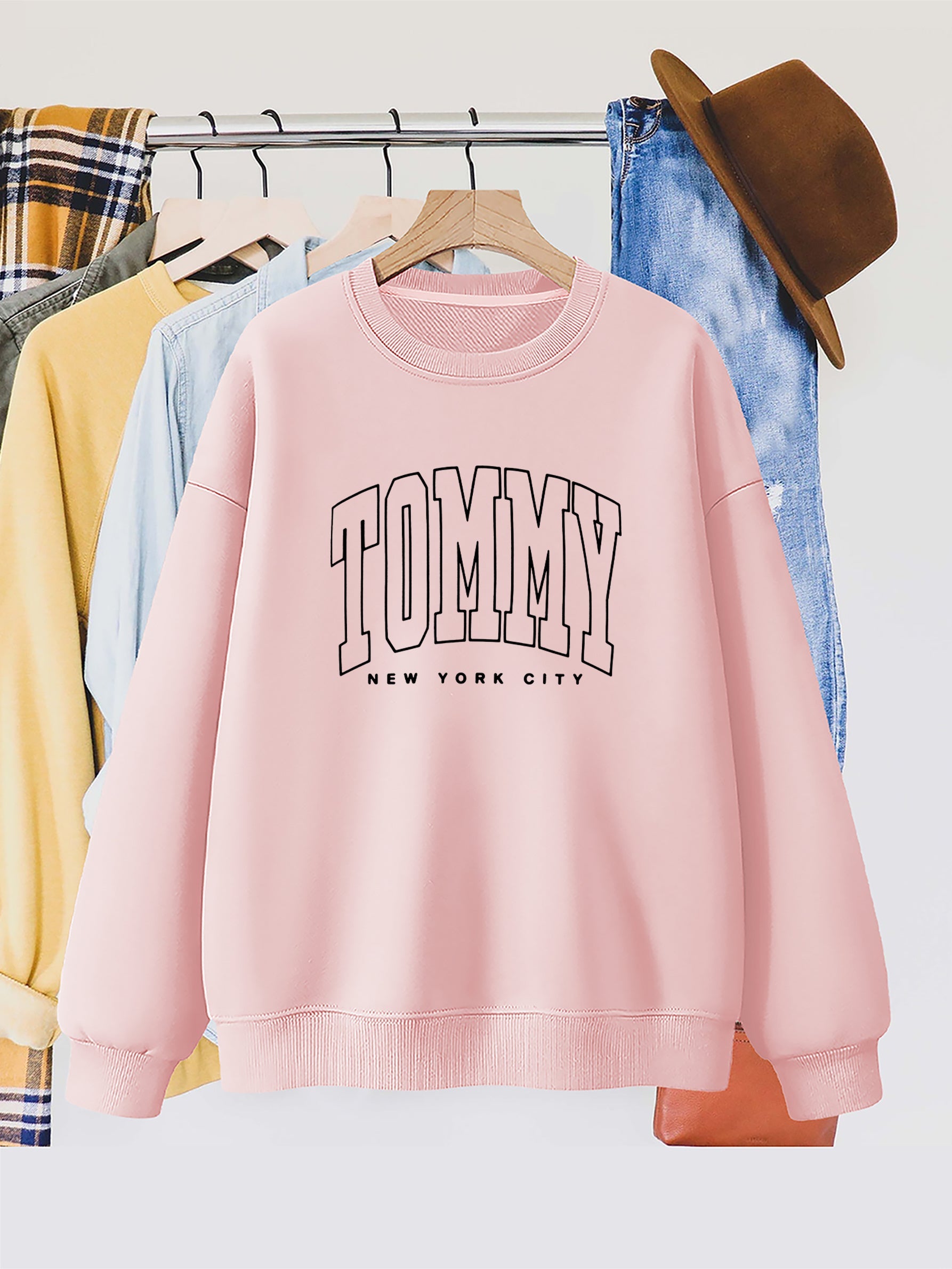 Felpa donna Tommy New York City con stampa lettere, collo rotondo, maniche lunghe in poliestere lavorato a maglia, stile casual.
