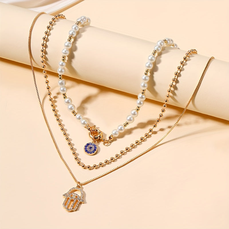 Collana multipla in stile punk con perle finte, pendenti occhio evil eye e mano Hamsa, unisex, per uso quotidiano e vacanze.