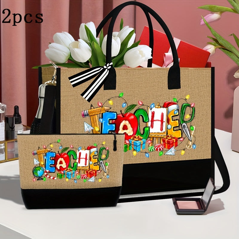 Teacher Print Tote Bag Set, 2Pcs Canvas Shopper Bag and Pouch Combo, Khaki Fabric Handbag with Adjustable Strap, Hand Washable, Positioning Printing for College and Casual Use