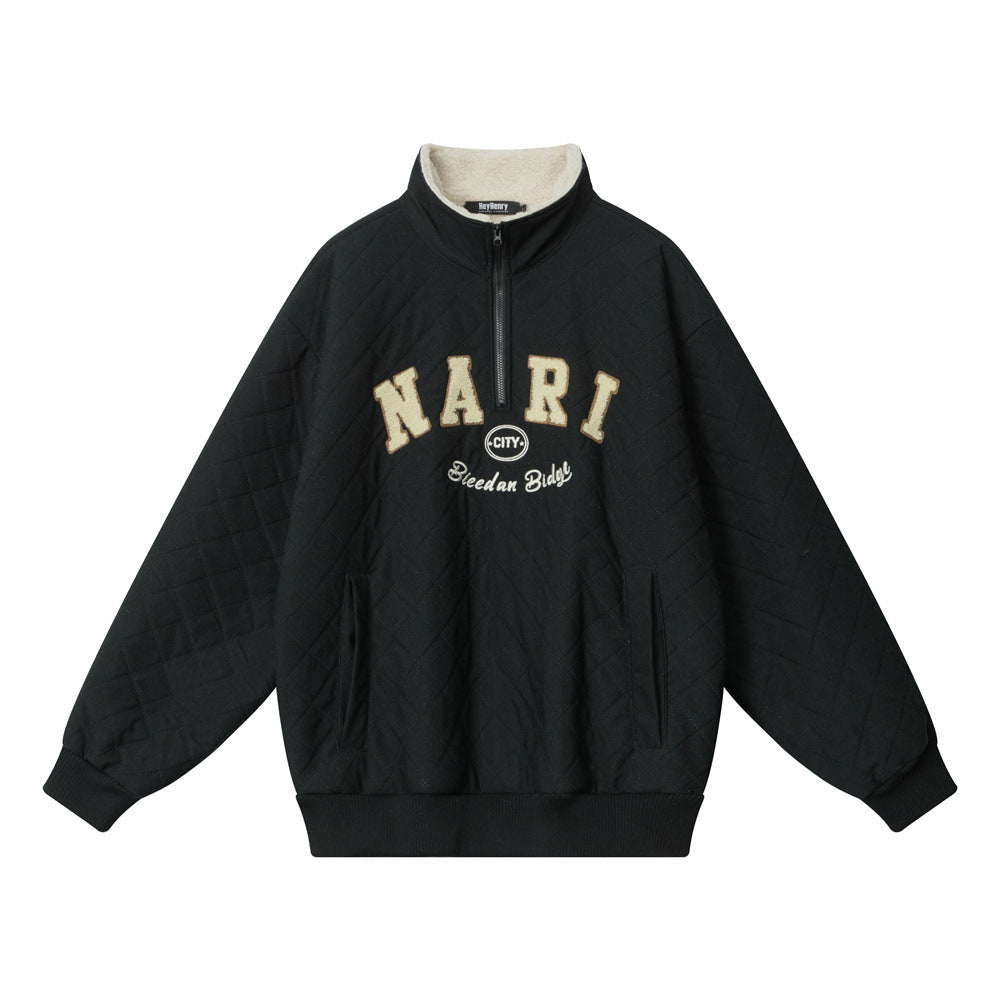 Embroidered Letters Half Zipped Stand Collar Thick Warm Sweater